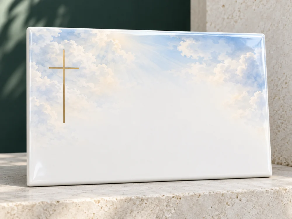 Diseño de lápida en porcelánico con una cruz dorada y un cielo de tonos suaves