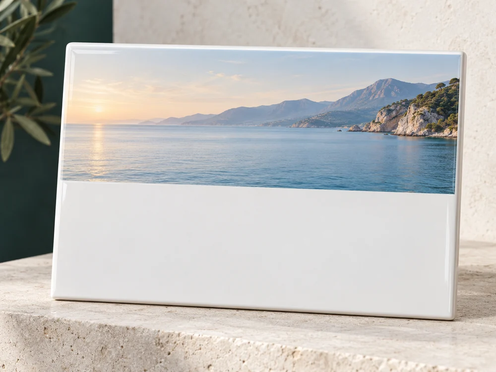Diseño de lápida en porcelánico con paisaje de mar y costa mediterránea