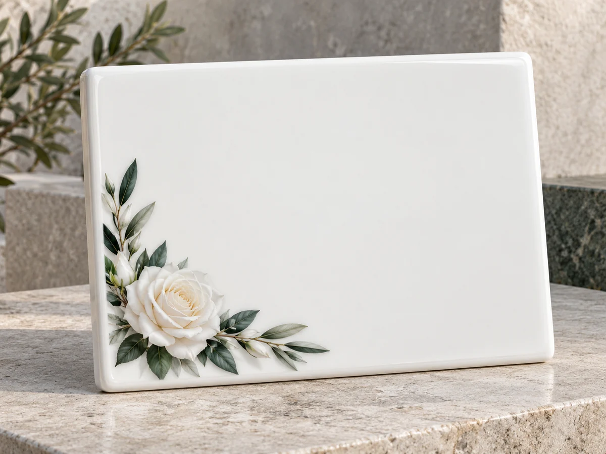 Propuesta de una lápida de porcelánico blanco con decoración de rosas y hojas de olivo