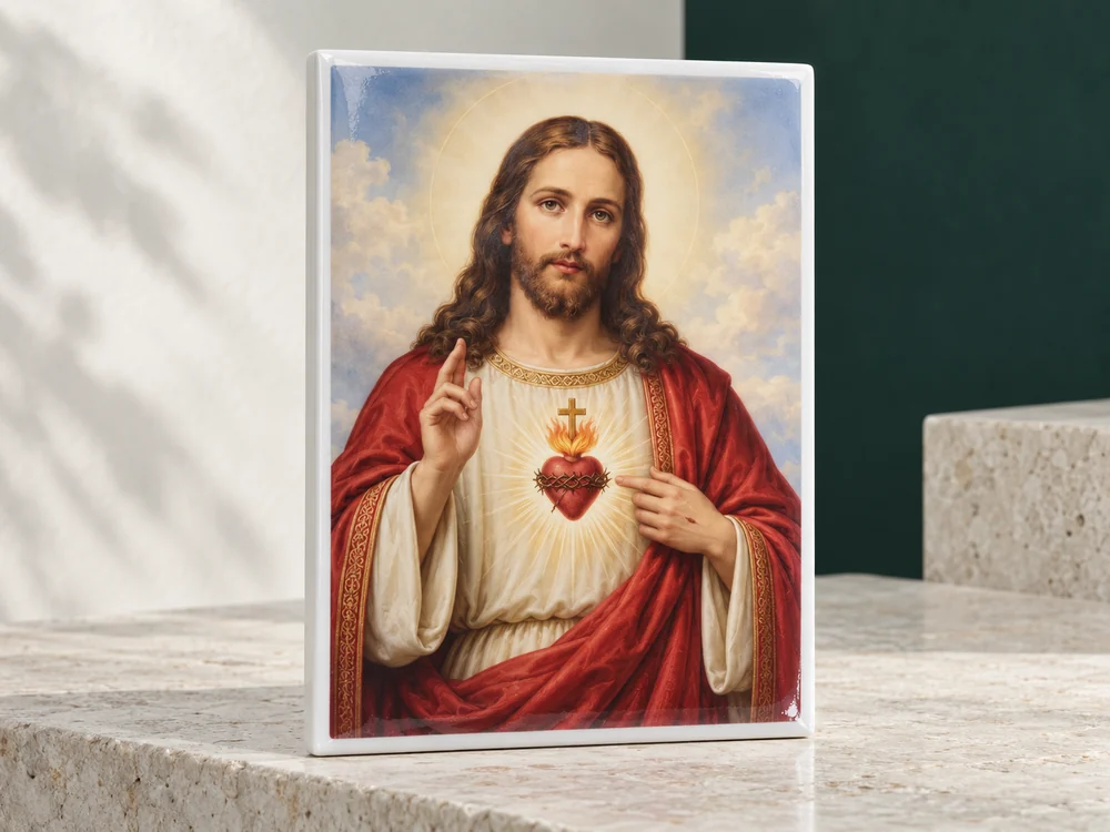Sagrado Corazón de Jesús en una placa de porcelánico con acabado brillante
