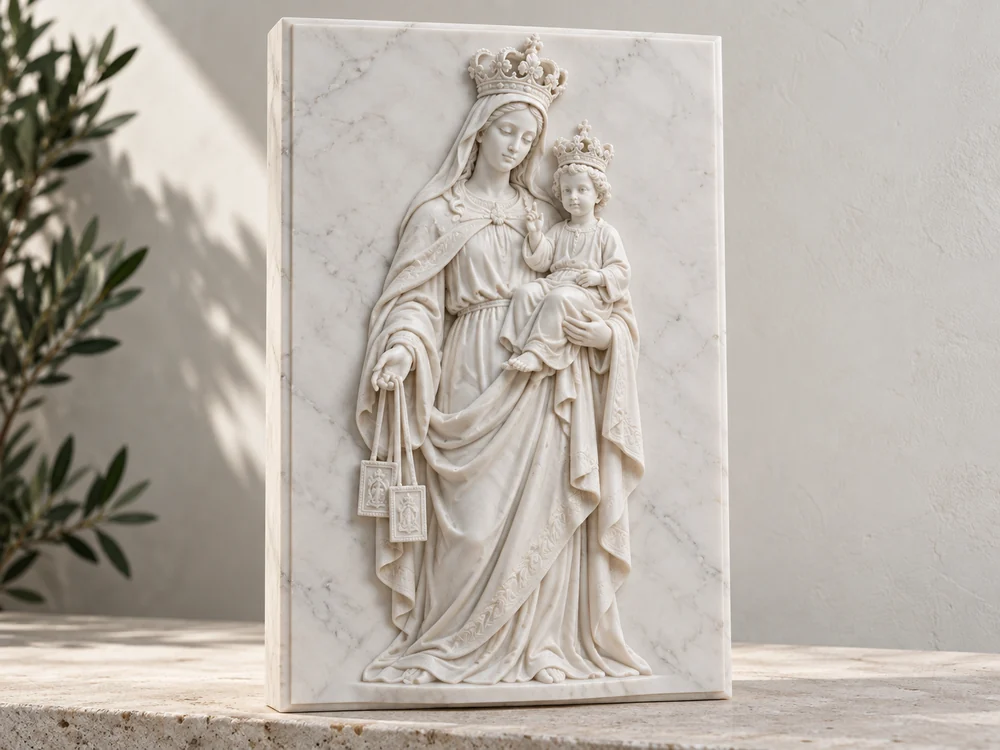 Virgen del Carmen con el Niño Jesús, tallada en relieve sobre mármol blanco Macael